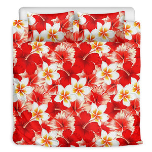 Red Hibiscus Plumeria Pattern Print Duvet Cover Bedding Set