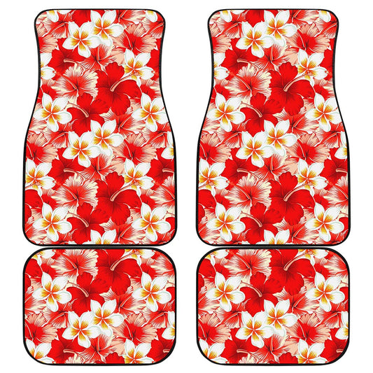 Red Hibiscus Plumeria Pattern Print Front and Back Car Floor Mats
