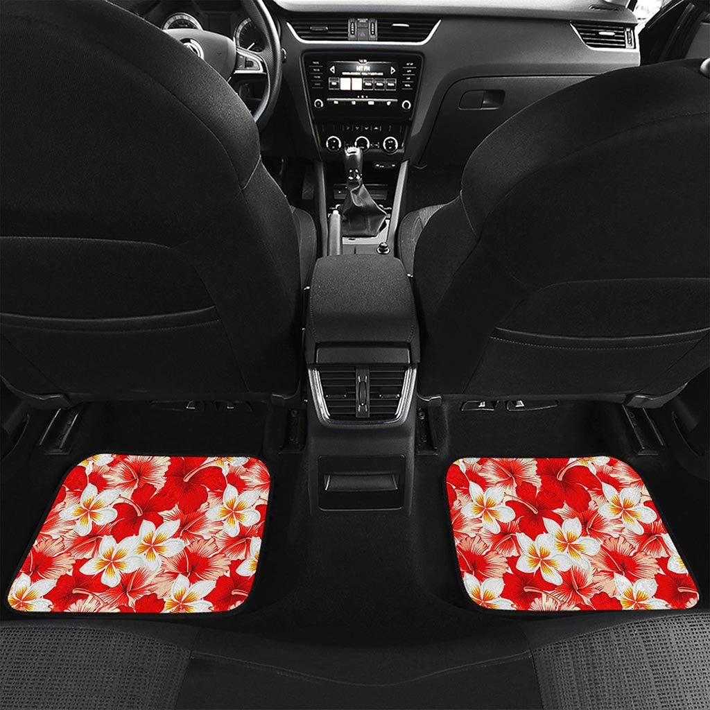 Red Hibiscus Plumeria Pattern Print Front and Back Car Floor Mats