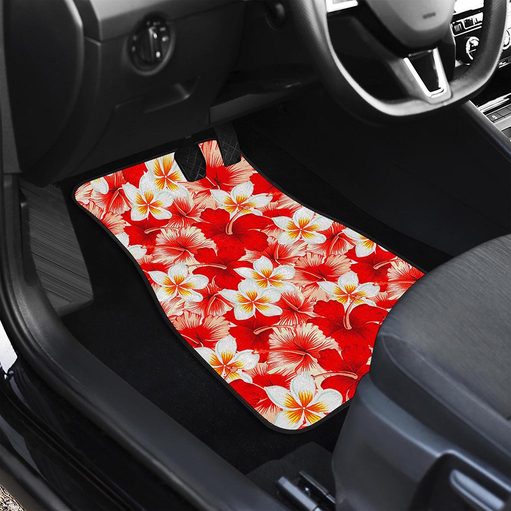 Red Hibiscus Plumeria Pattern Print Front and Back Car Floor Mats