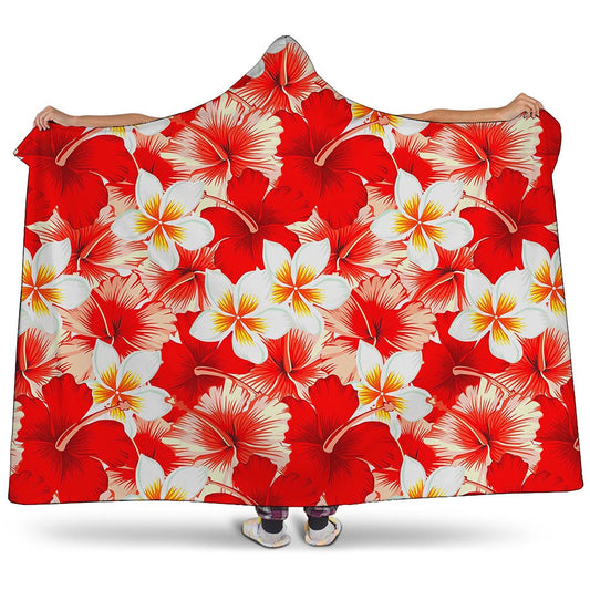 Red Hibiscus Plumeria Pattern Print Hooded Blanket