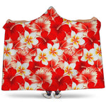 Red Hibiscus Plumeria Pattern Print Hooded Blanket