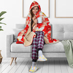 Red Hibiscus Plumeria Pattern Print Hooded Blanket