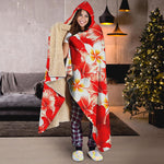 Red Hibiscus Plumeria Pattern Print Hooded Blanket