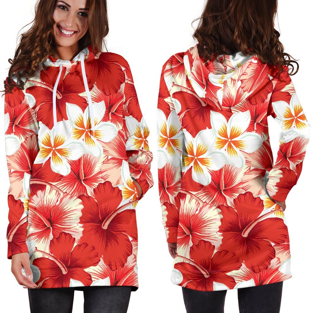 Red Hibiscus Plumeria Pattern Print Hoodie Dress GearFrost