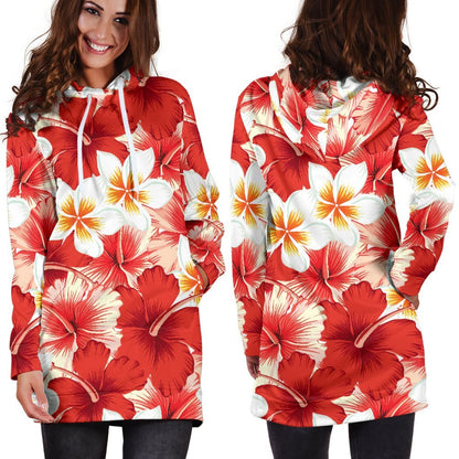 Red Hibiscus Plumeria Pattern Print Hoodie Dress GearFrost