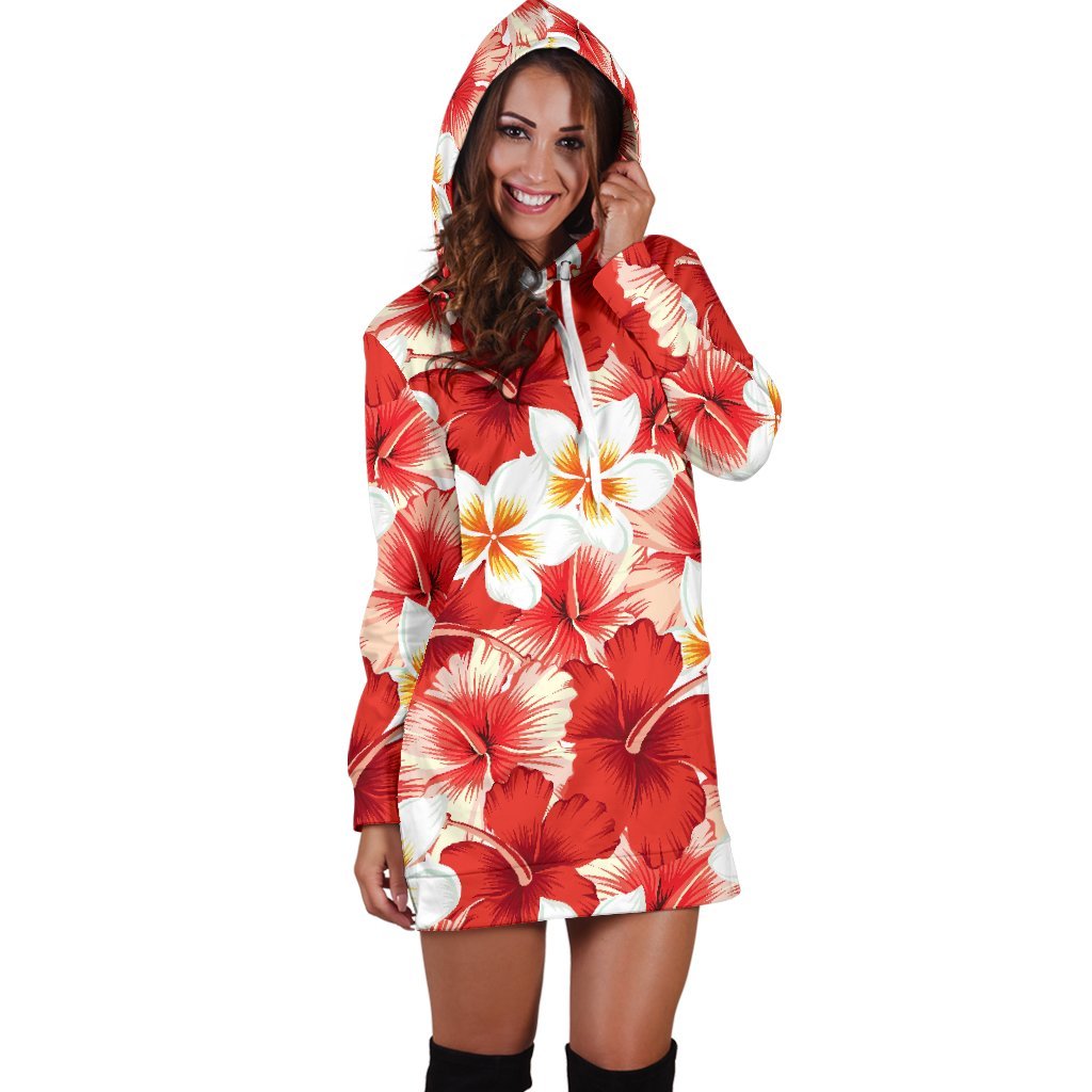 Red Hibiscus Plumeria Pattern Print Hoodie Dress GearFrost