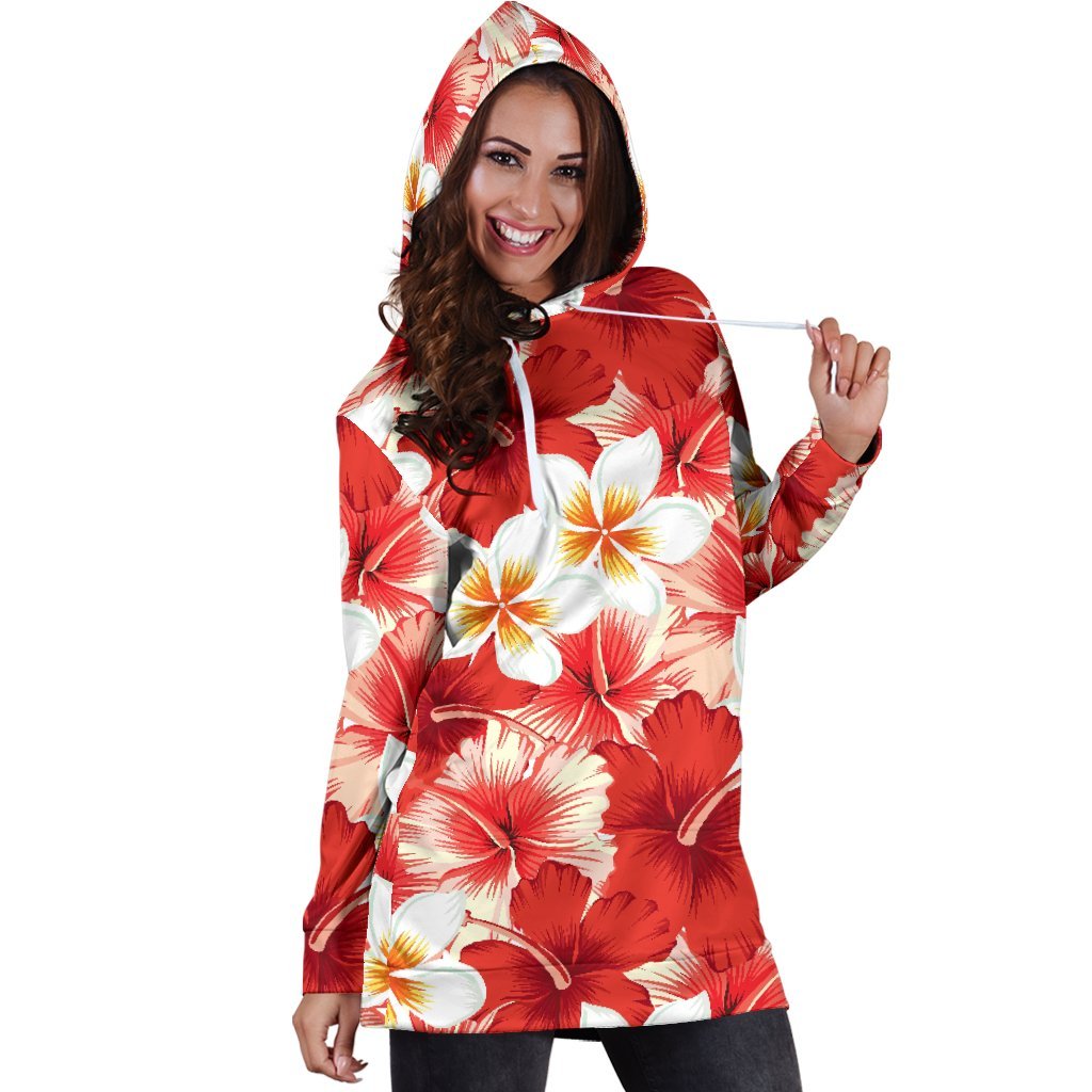 Red Hibiscus Plumeria Pattern Print Hoodie Dress GearFrost