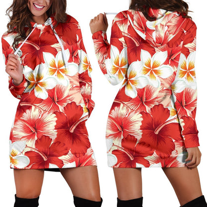 Red Hibiscus Plumeria Pattern Print Hoodie Dress GearFrost