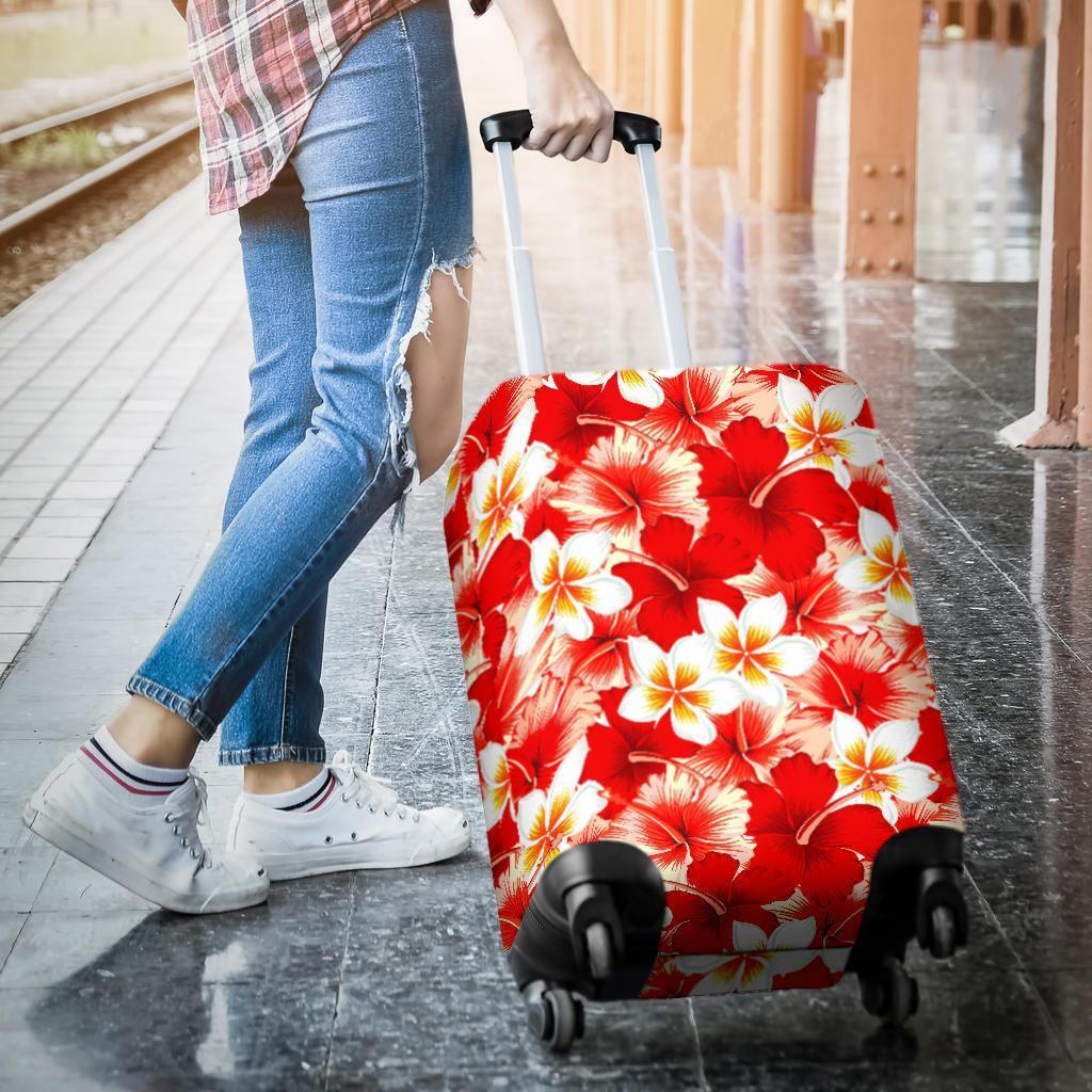 Red Hibiscus Plumeria Pattern Print Luggage Cover GearFrost