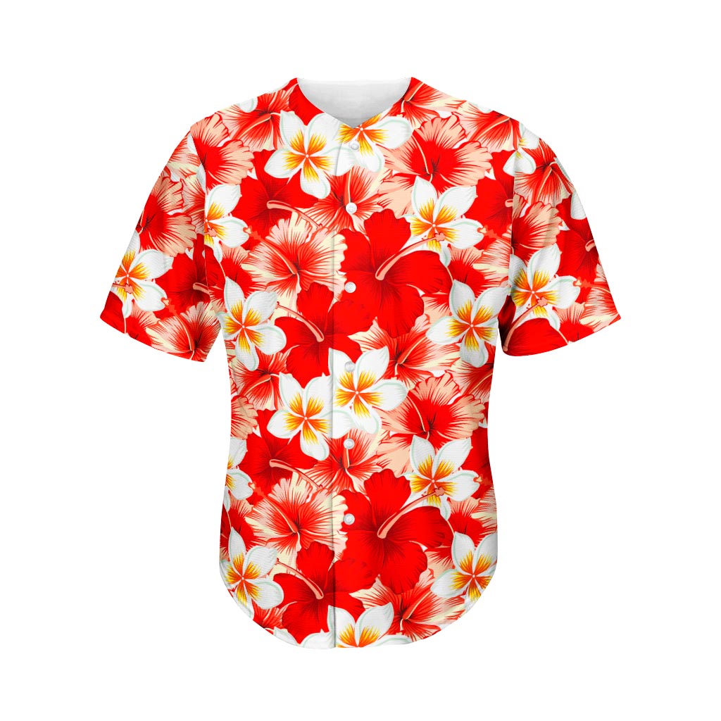 Red Hibiscus Plumeria Pattern Print Men's Baseball Jersey