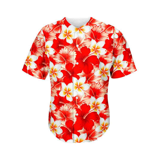 Red Hibiscus Plumeria Pattern Print Men's Baseball Jersey