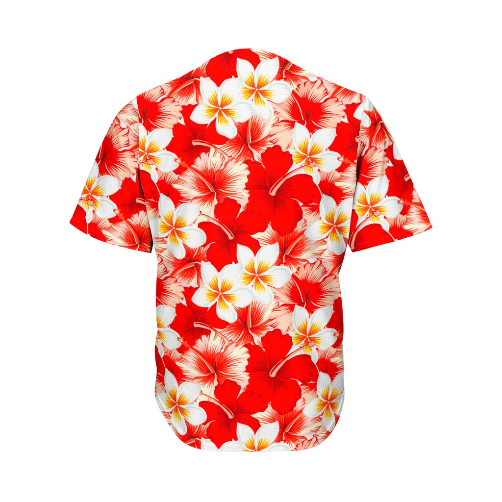 Red Hibiscus Plumeria Pattern Print Men's Baseball Jersey