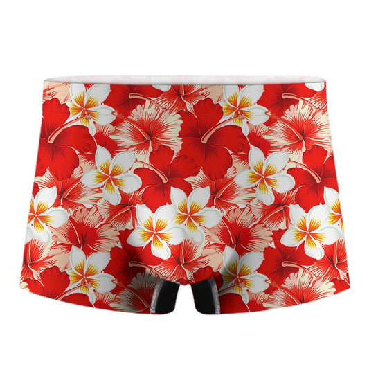 Red Hibiscus Plumeria Pattern Print Men's Boxer Briefs