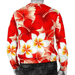 Red Hibiscus Plumeria Pattern Print Men's Crewneck Sweatshirt GearFrost