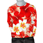 Red Hibiscus Plumeria Pattern Print Men's Crewneck Sweatshirt GearFrost