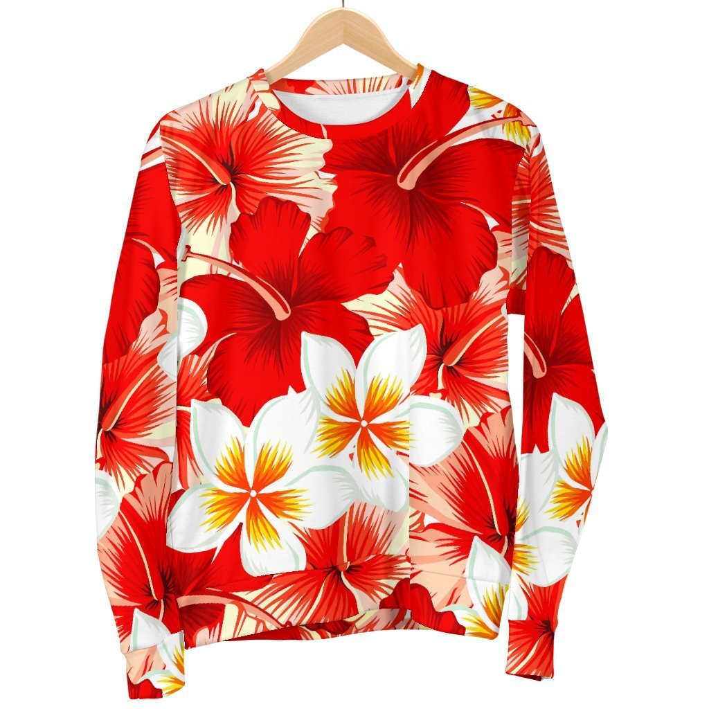 Red Hibiscus Plumeria Pattern Print Men's Crewneck Sweatshirt GearFrost