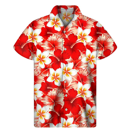 Red Hibiscus Plumeria Pattern Print Men's Short Sleeve Shirt