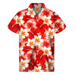 Red Hibiscus Plumeria Pattern Print Men's Short Sleeve Shirt