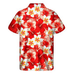 Red Hibiscus Plumeria Pattern Print Men's Short Sleeve Shirt