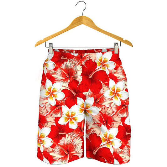 Red Hibiscus Plumeria Pattern Print Men's Shorts