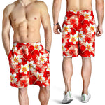 Red Hibiscus Plumeria Pattern Print Men's Shorts
