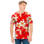 Red Hibiscus Plumeria Pattern Print Men's T-Shirt