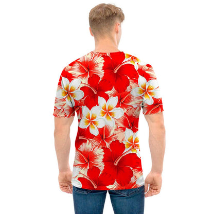 Red Hibiscus Plumeria Pattern Print Men's T-Shirt