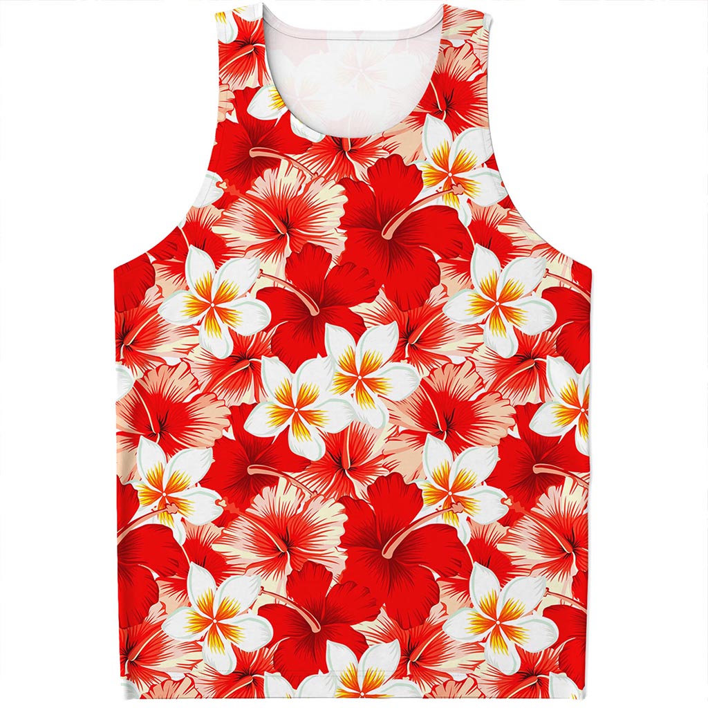 Red Hibiscus Plumeria Pattern Print Men's Tank Top