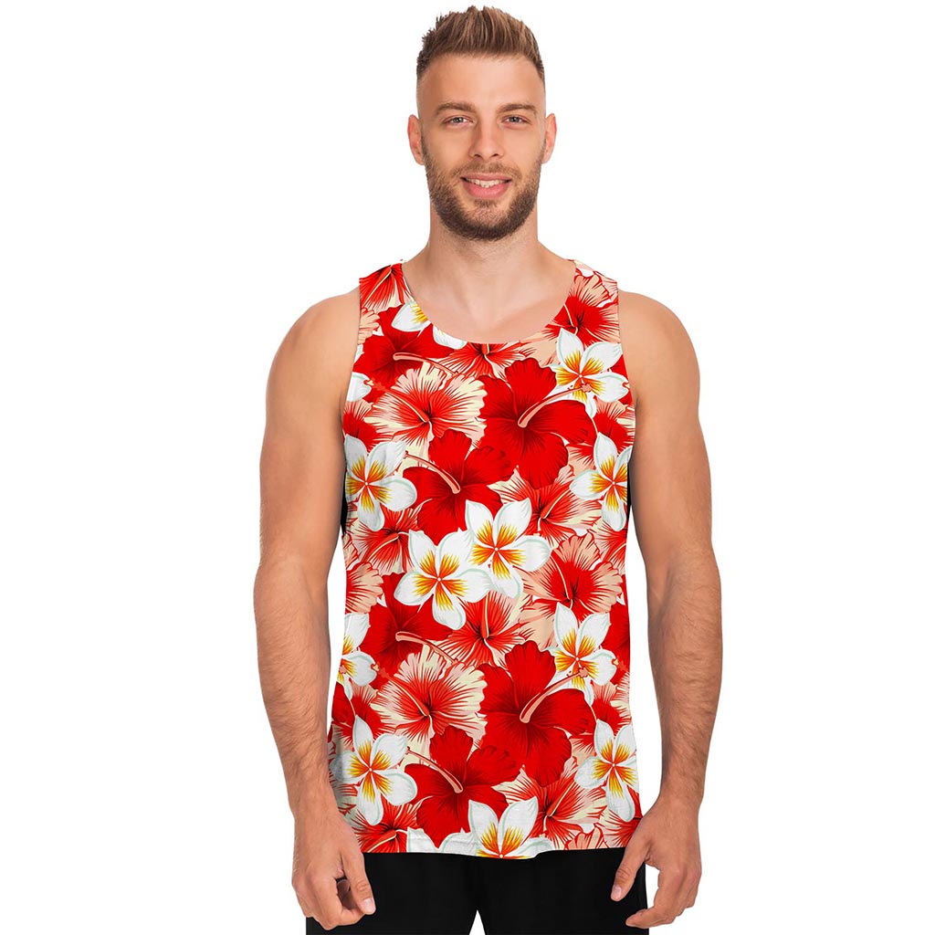 Red Hibiscus Plumeria Pattern Print Men's Tank Top