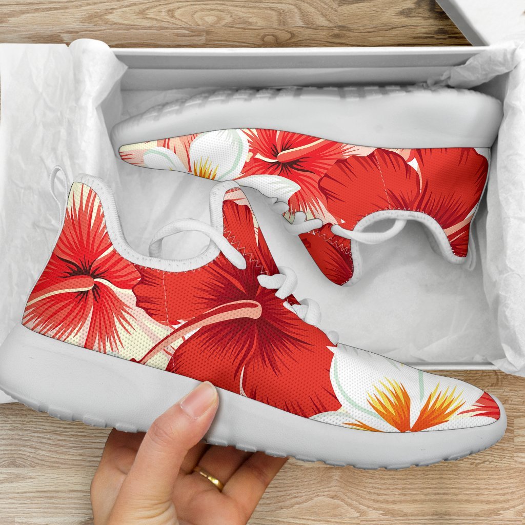 Red Hibiscus Plumeria Pattern Print Mesh Knit Shoes GearFrost