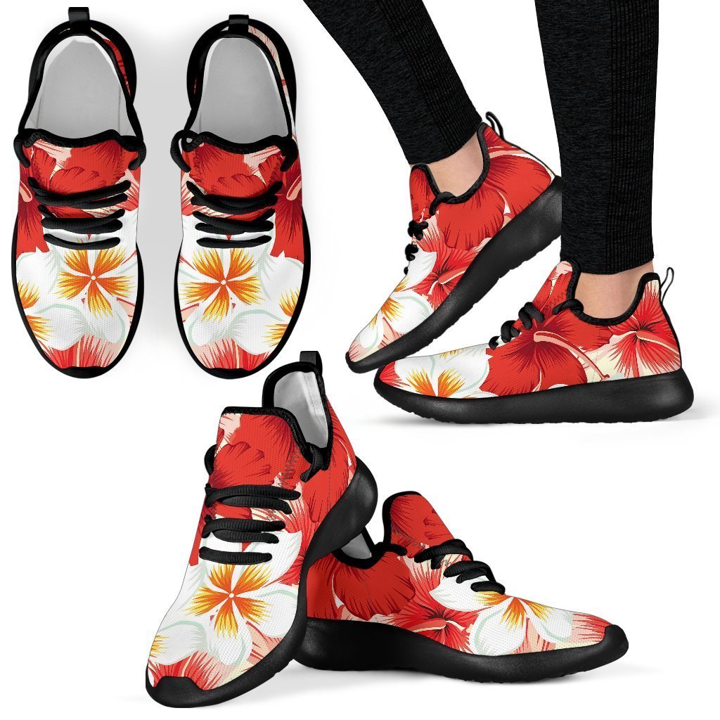 Red Hibiscus Plumeria Pattern Print Mesh Knit Shoes GearFrost