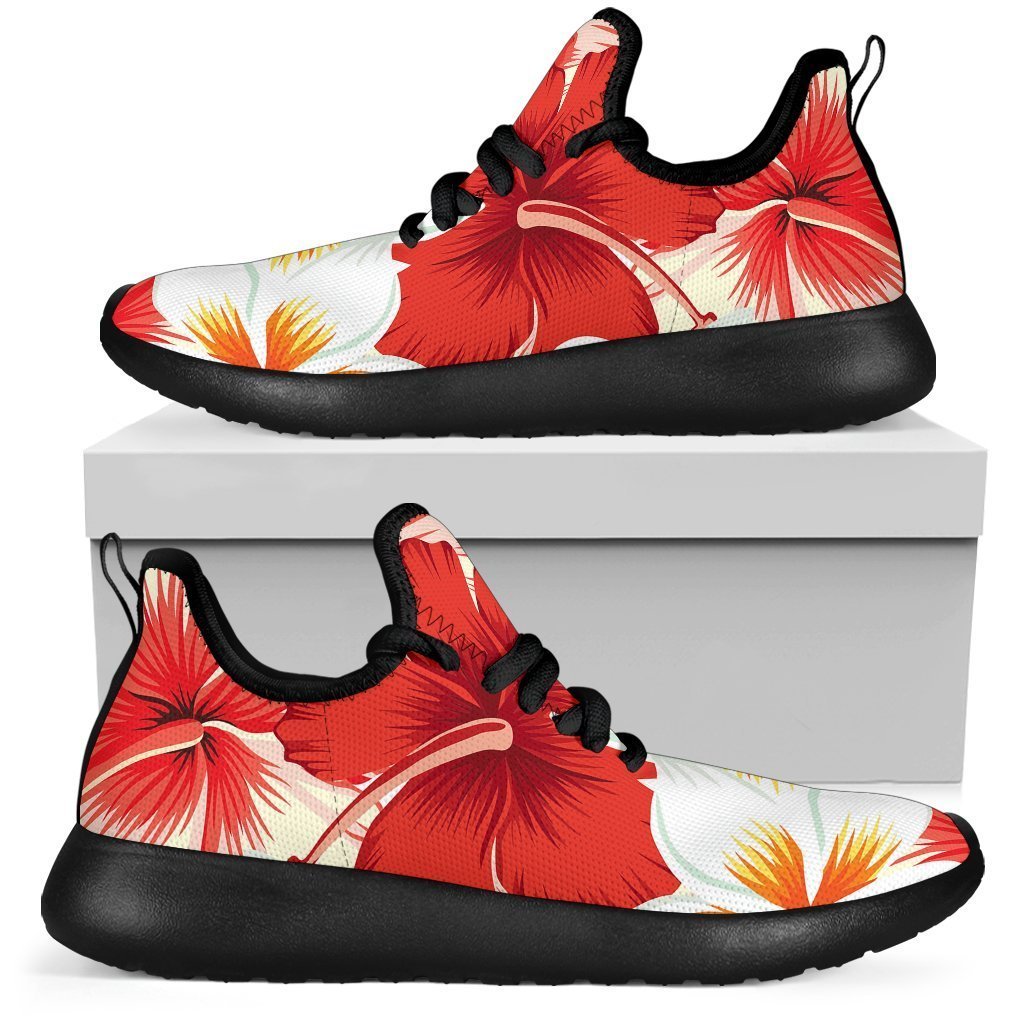 Red Hibiscus Plumeria Pattern Print Mesh Knit Shoes GearFrost