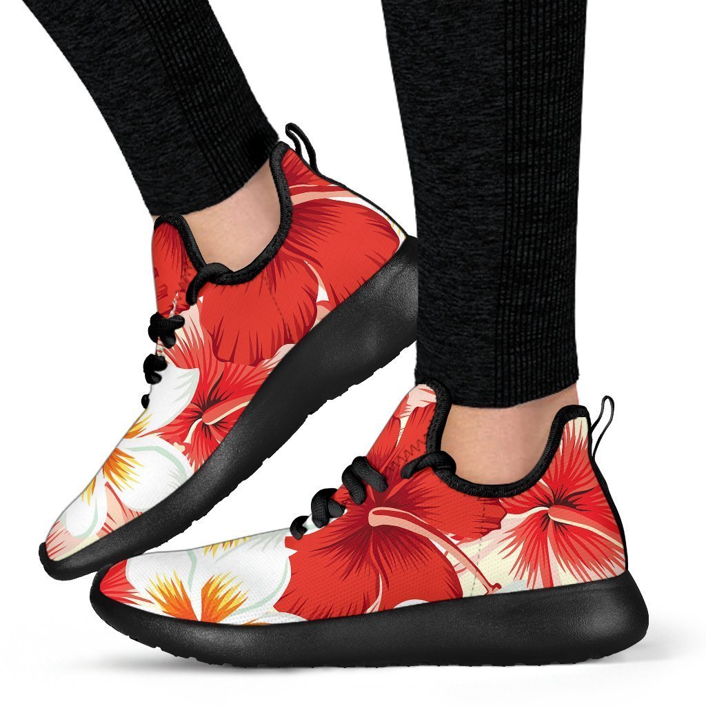 Red Hibiscus Plumeria Pattern Print Mesh Knit Shoes GearFrost