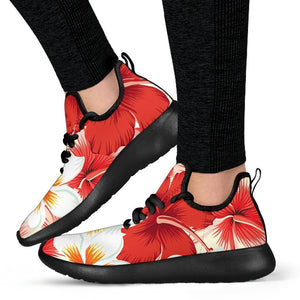 Red Hibiscus Plumeria Pattern Print Mesh Knit Shoes GearFrost