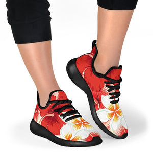 Red Hibiscus Plumeria Pattern Print Mesh Knit Shoes GearFrost