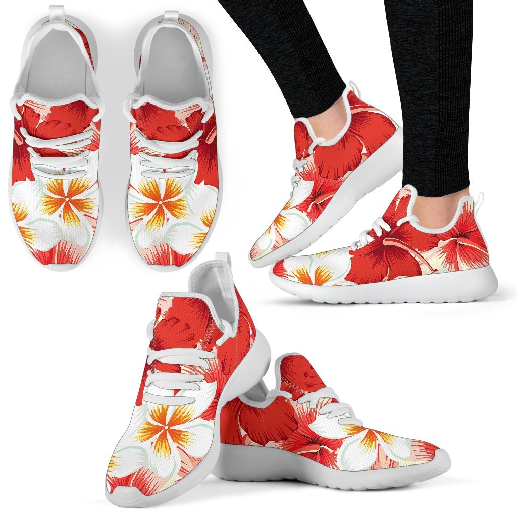 Red Hibiscus Plumeria Pattern Print Mesh Knit Shoes GearFrost