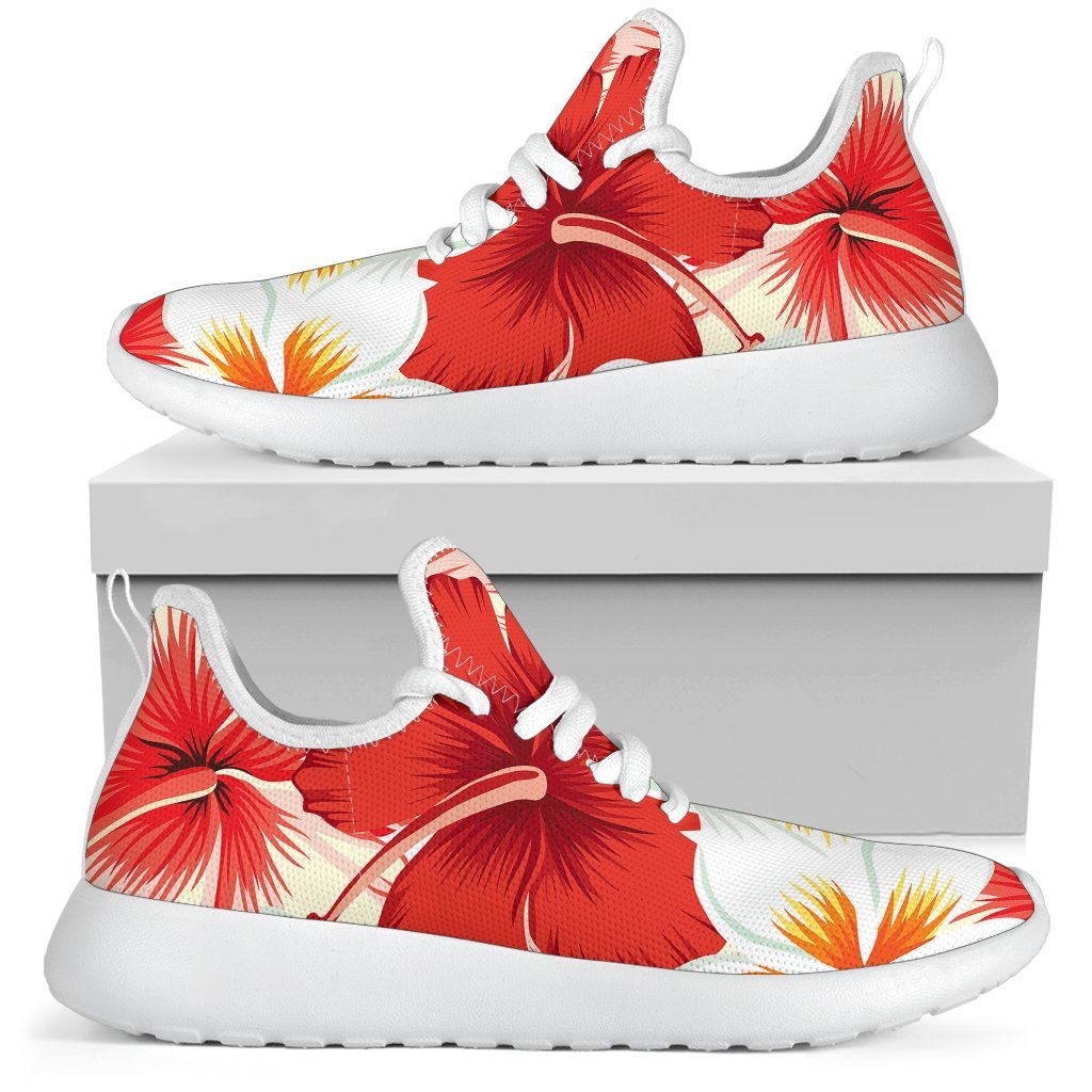 Red Hibiscus Plumeria Pattern Print Mesh Knit Shoes GearFrost