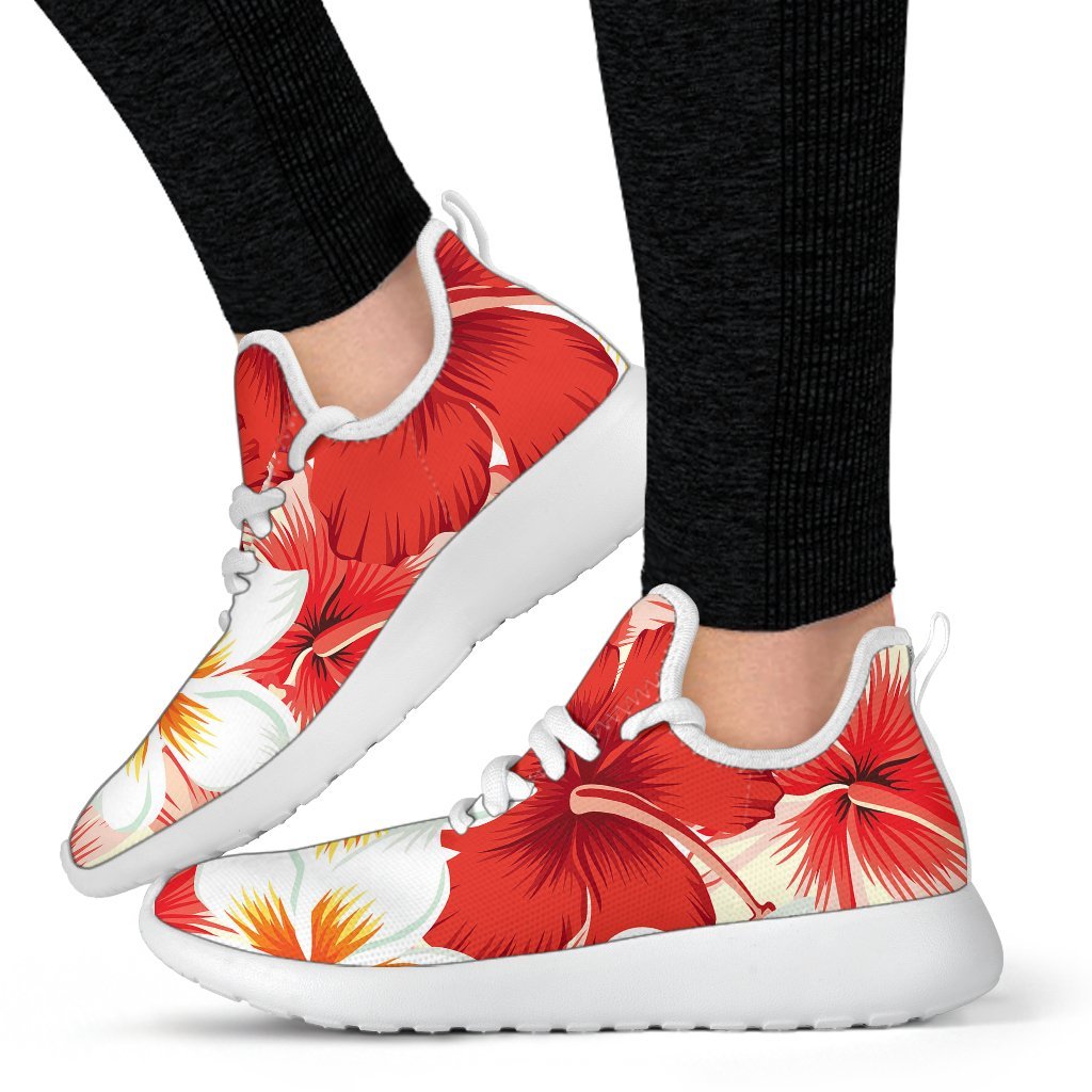 Red Hibiscus Plumeria Pattern Print Mesh Knit Shoes GearFrost