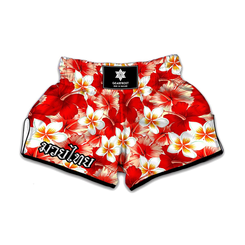 Red Hibiscus Plumeria Pattern Print Muay Thai Boxing Shorts