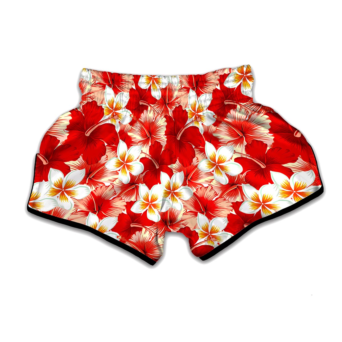 Red Hibiscus Plumeria Pattern Print Muay Thai Boxing Shorts