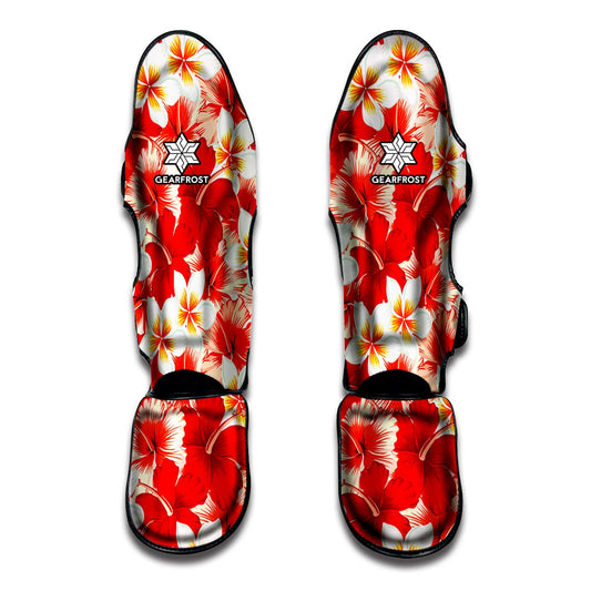 Red Hibiscus Plumeria Pattern Print Muay Thai Shin Guard