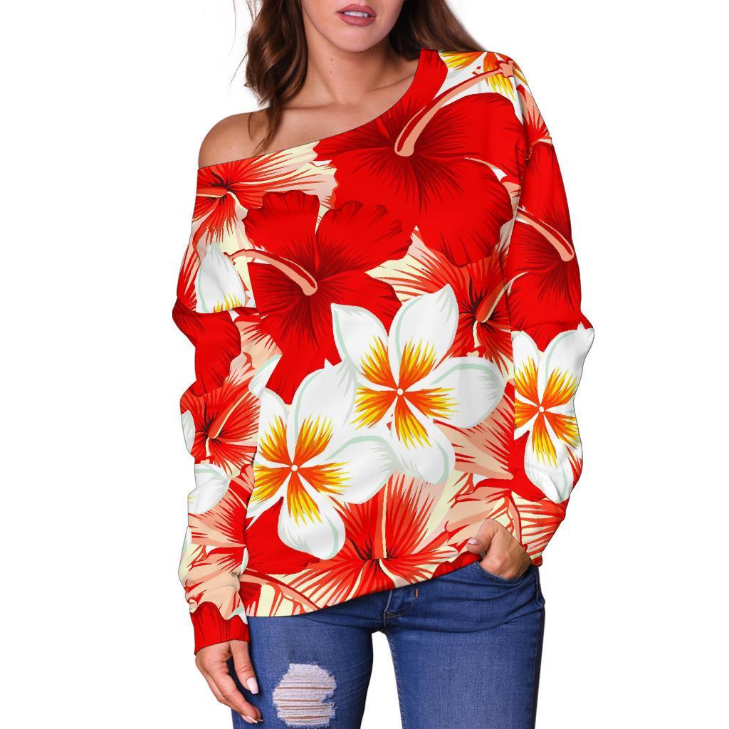 Red Hibiscus Plumeria Pattern Print Off Shoulder Sweatshirt GearFrost