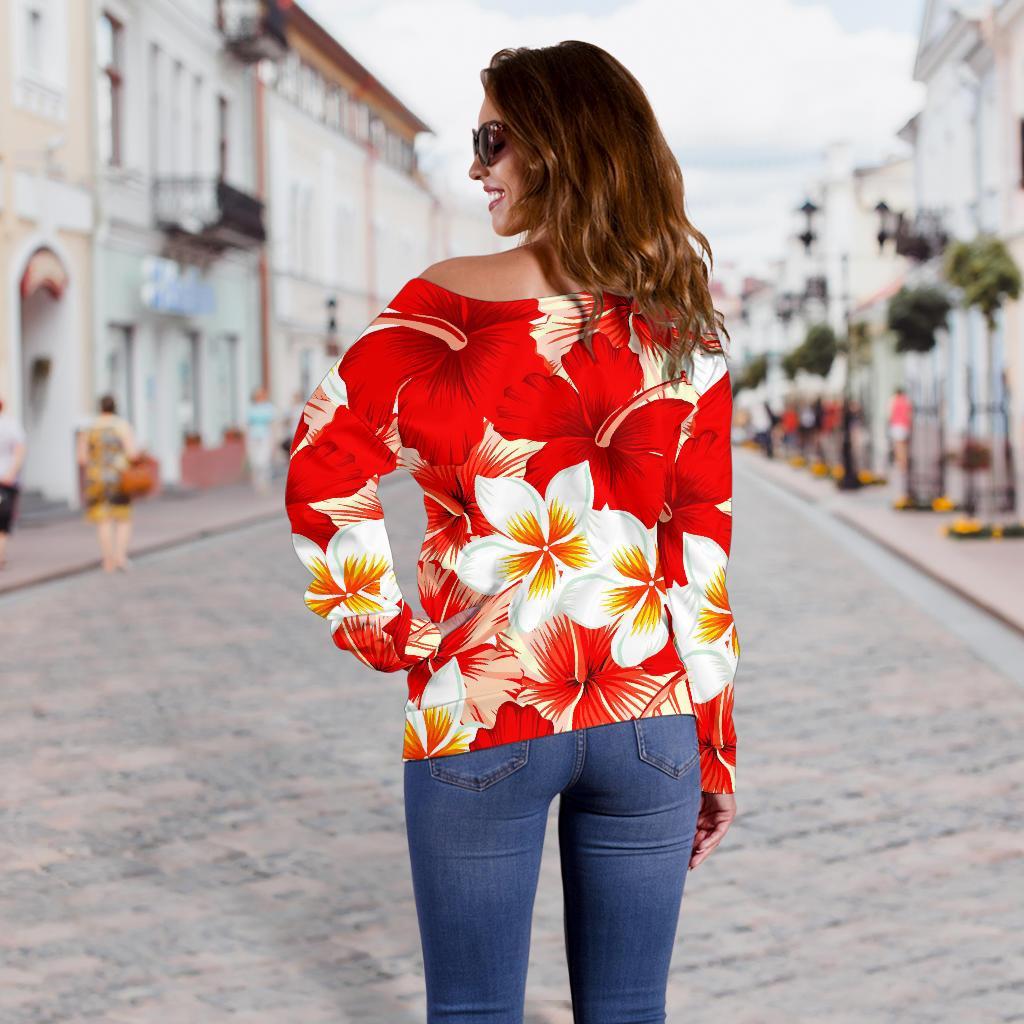 Red Hibiscus Plumeria Pattern Print Off Shoulder Sweatshirt GearFrost