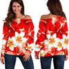 Red Hibiscus Plumeria Pattern Print Off Shoulder Sweatshirt GearFrost
