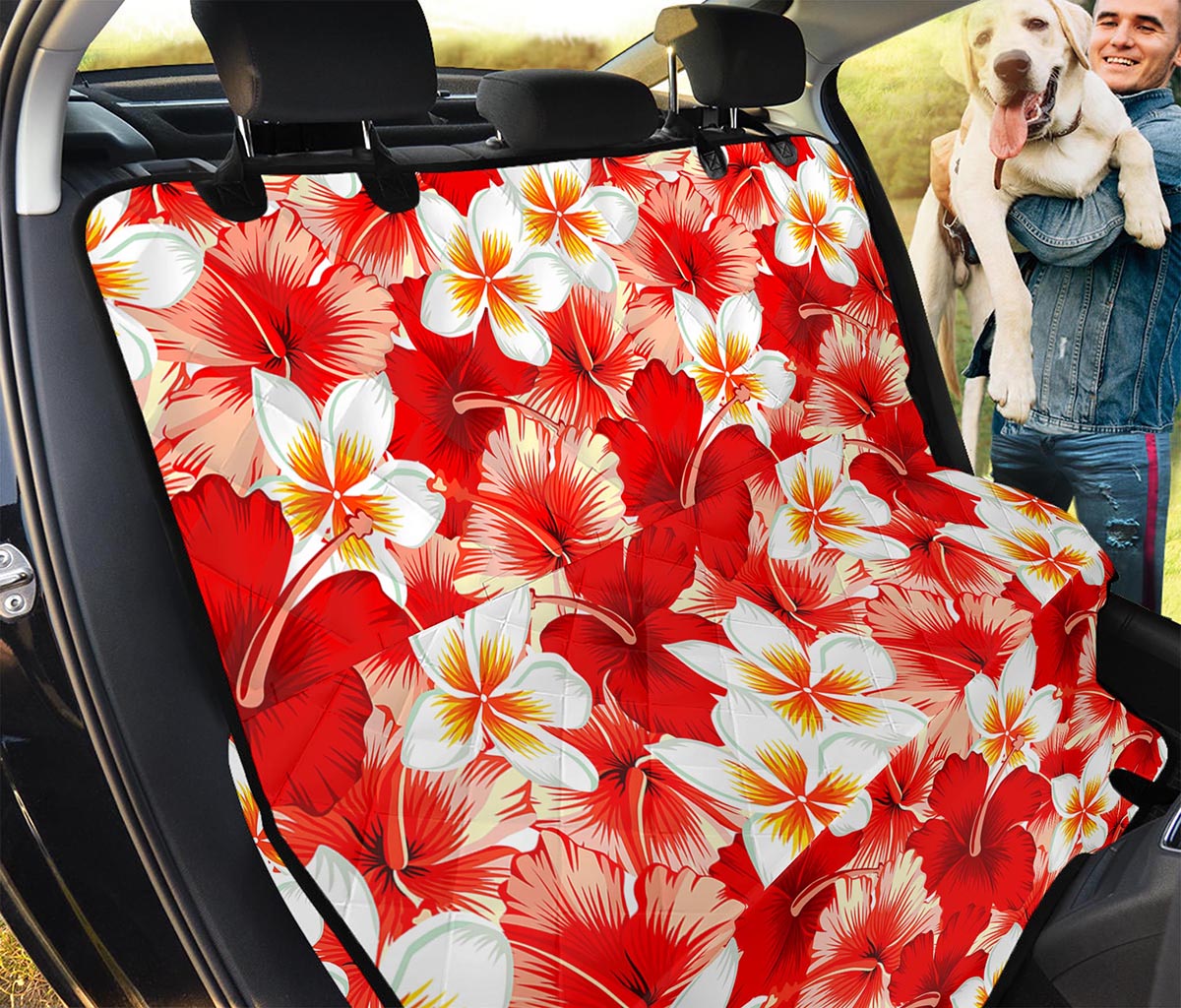 Red Hibiscus Plumeria Pattern Print Pet Car Back Seat Cover