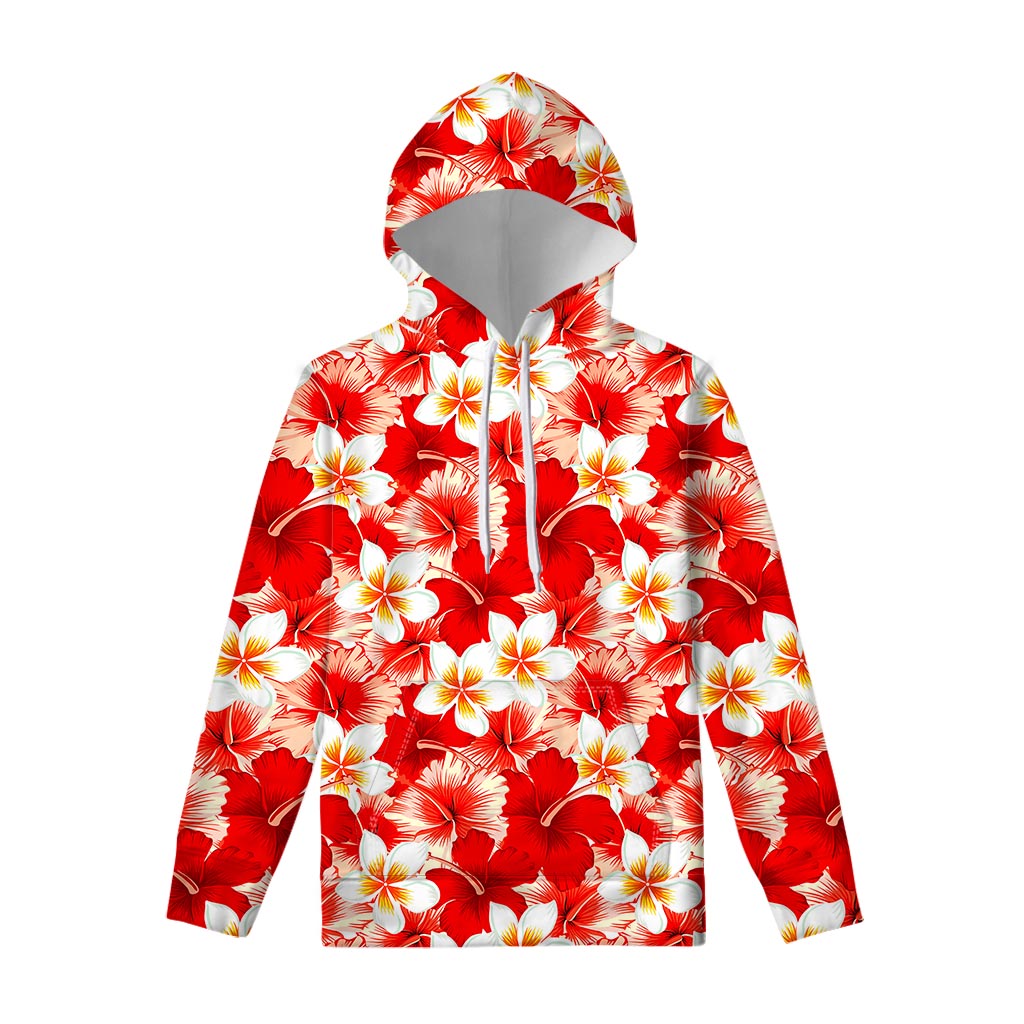 Red Hibiscus Plumeria Pattern Print Pullover Hoodie