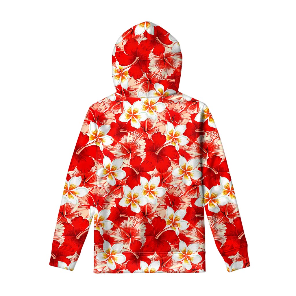 Red Hibiscus Plumeria Pattern Print Pullover Hoodie