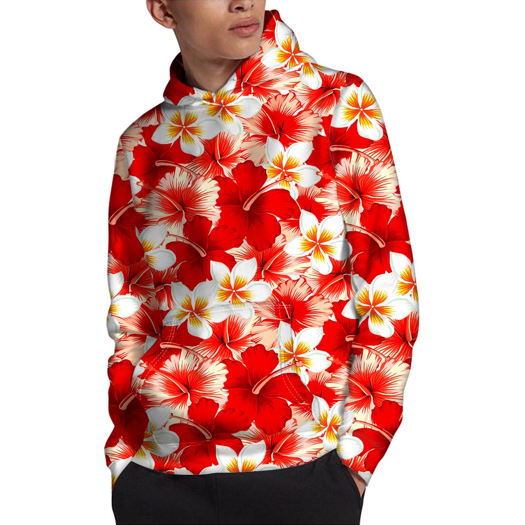 Red Hibiscus Plumeria Pattern Print Pullover Hoodie