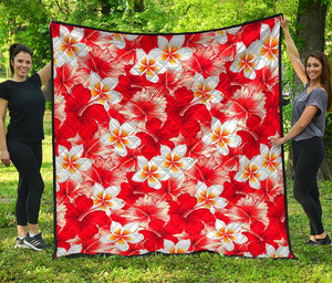 Red Hibiscus Plumeria Pattern Print Quilt